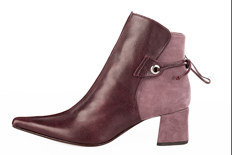 Women's wine red and dusty rose pink elegant ankle boots, with laces at the back. Pointed toe. Medium block heels - Profile view